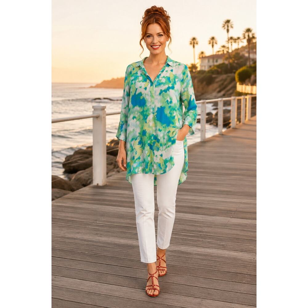 Natori Green and Blue Watercolor Floral Tunic - Size M